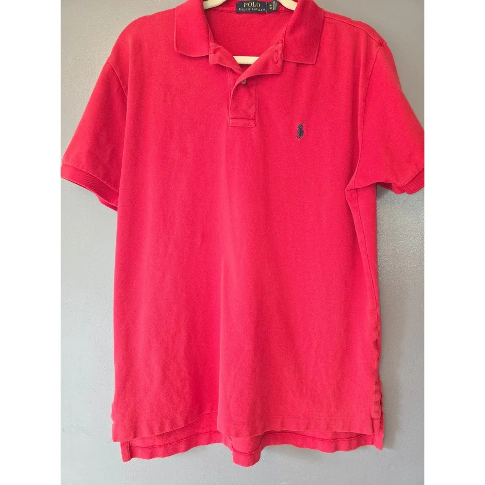 Polo Ralph Lauren Mens Medium Red Short Sleeve Pique Cotton Polo Shirt Navy Pony